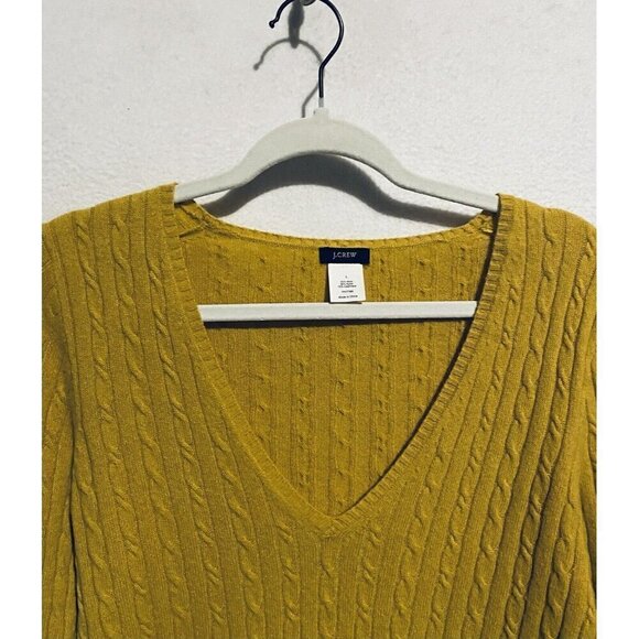 J Crew Sweater Womens Large Mustard Yellow Cable Knit V Neck Wool Cashmere Y2K - Picture 2 of 7